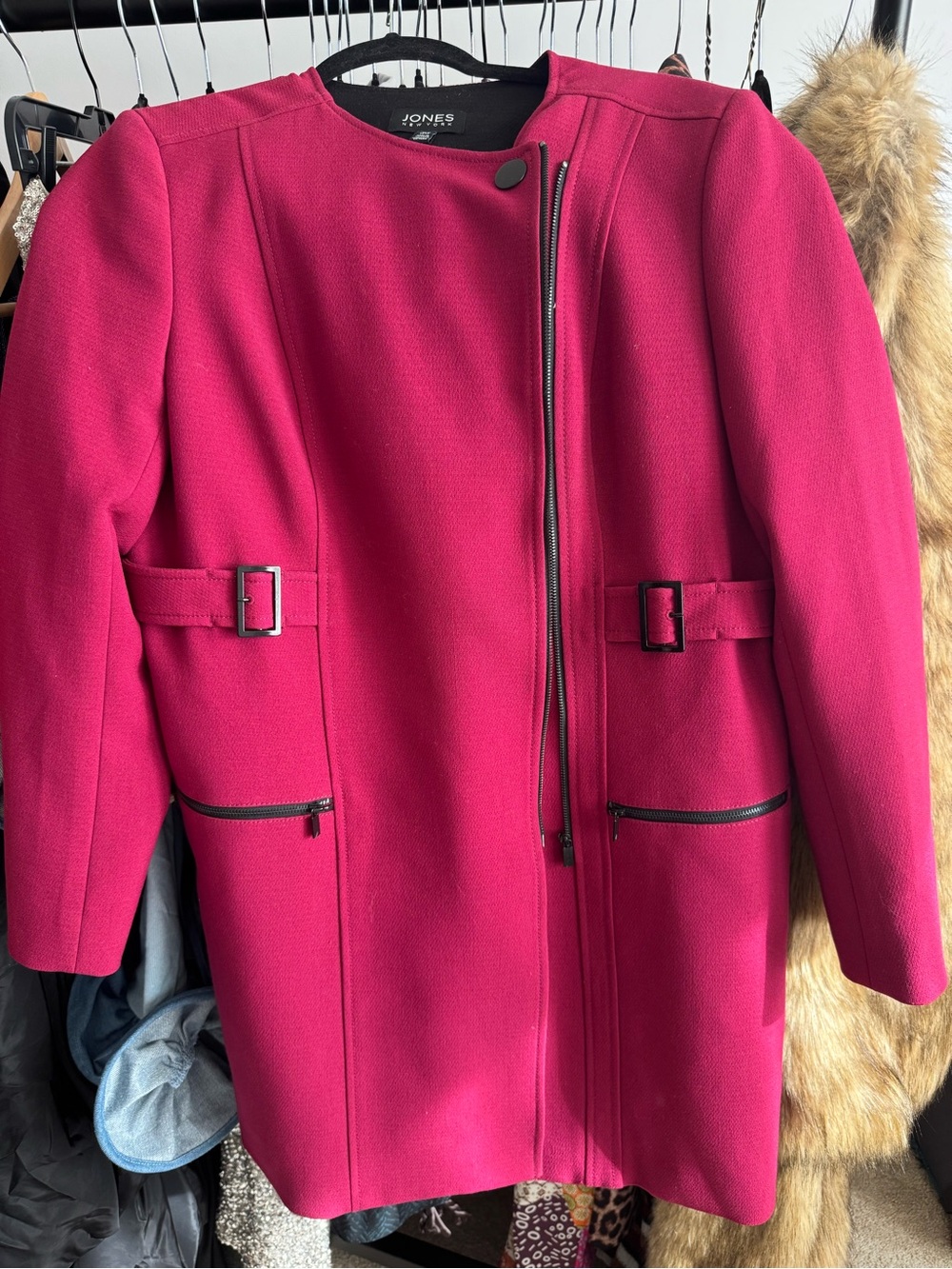 Jones New York Women's Magenta Asymmetric Zip Pea Coat